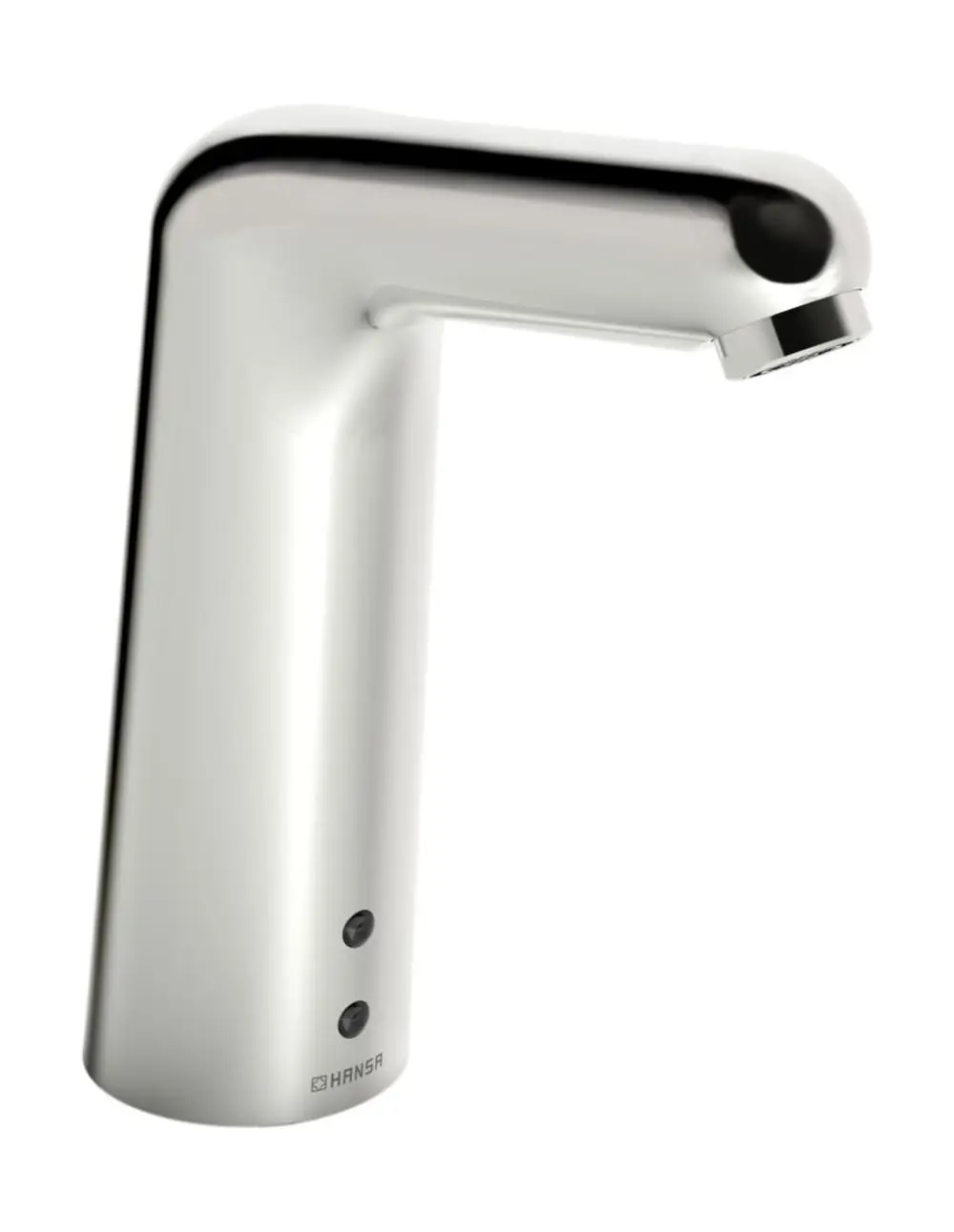 Waschtischarmatur von HANSA mit einem modernen Design, einem Auslauf von oben und zwei Tasten für die Steuerung. Oberfläche in Chrom-Optik.